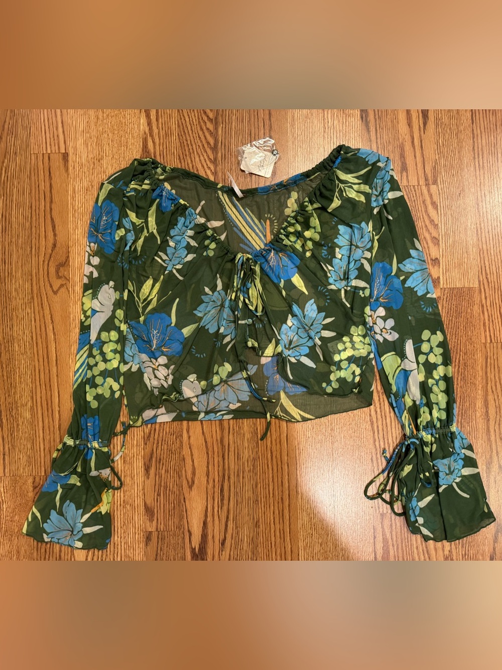 Free People Olive Green Floral Tie-Front Blouse with Blue Accents